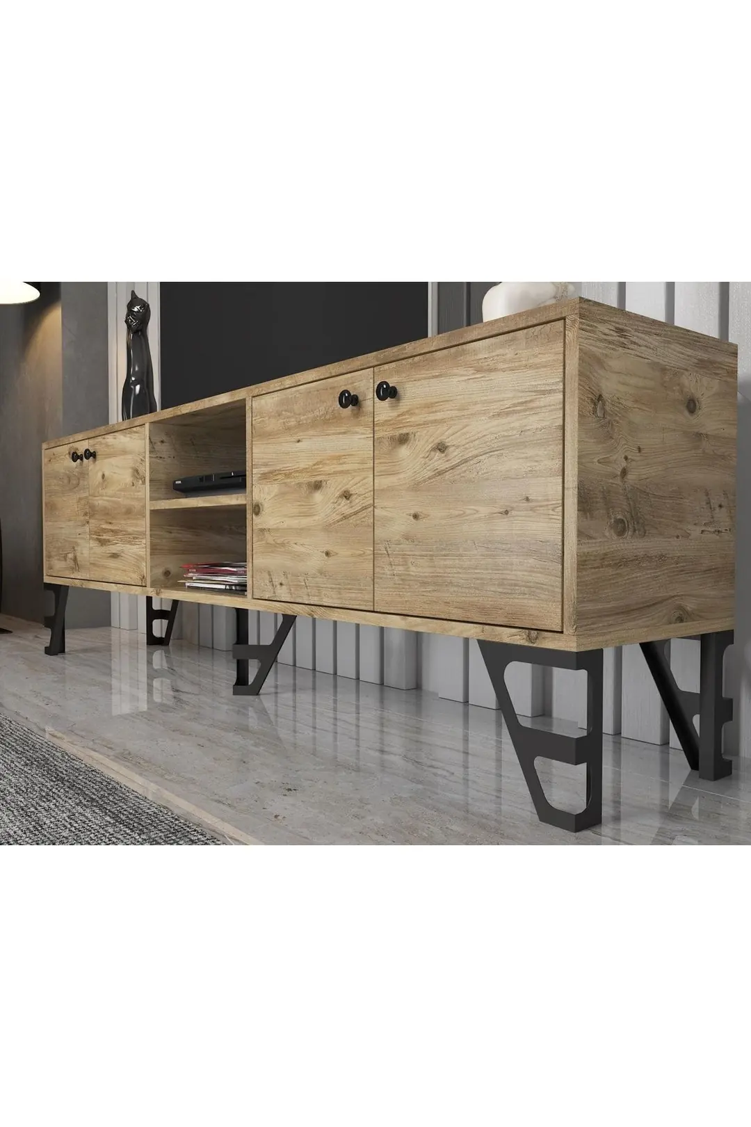 Sofia 180 Cm Metal Ayaklı Tv Ünitesi - Atlantik Çam / Siyah